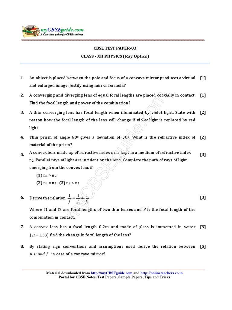 Class 12 Ray Optics Test Paper | PDF