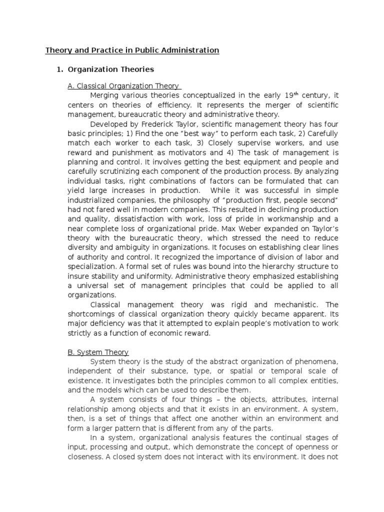 Theory and Practice in Public Administration 1. Organization Theories ...