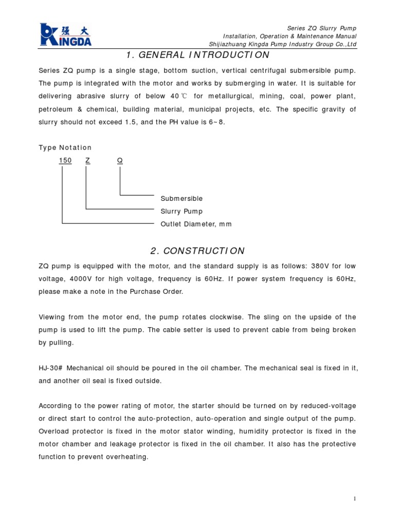ZQ Slurry Pump Operation & Maintenance Guide | PDF | Bearing ...