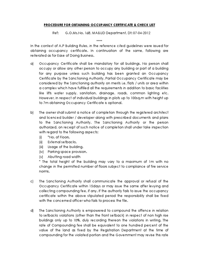 Occupancy Certificate Procedure & Checklist | PDF | Government | Justice