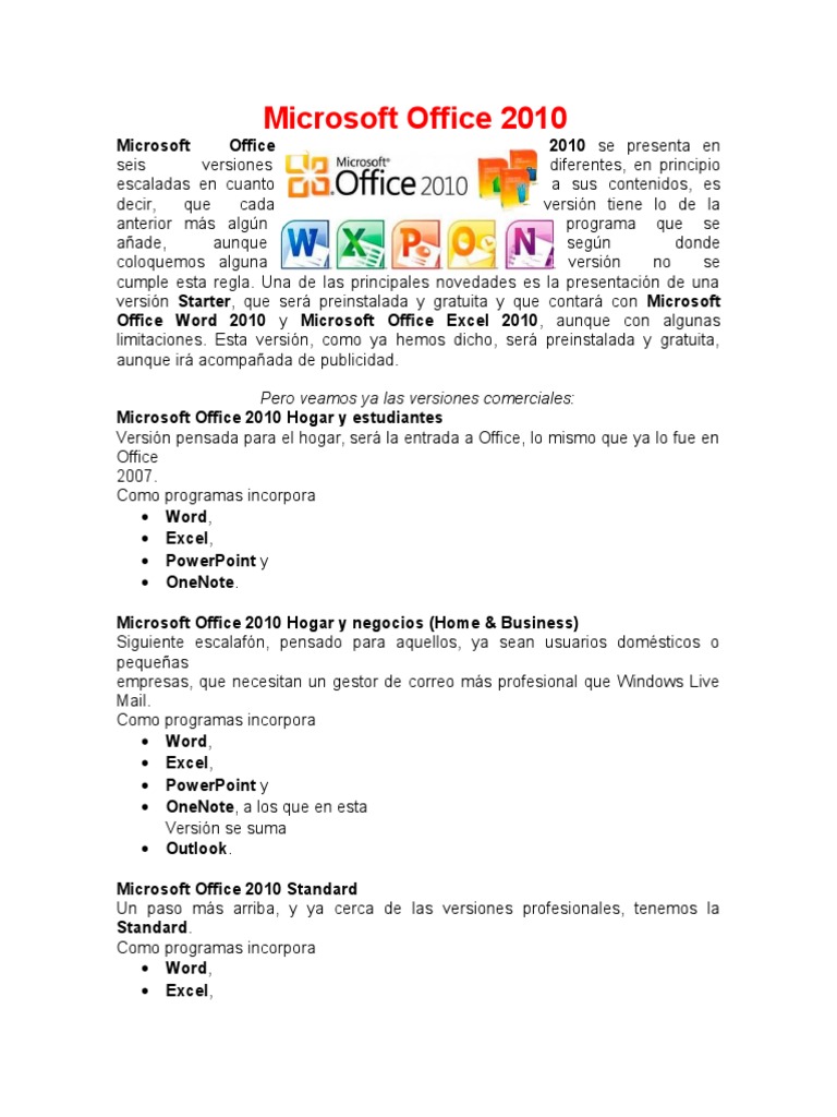 Versiones de Microsoft Office 2010 | PDF | Microsoft Office | Microsoft ...
