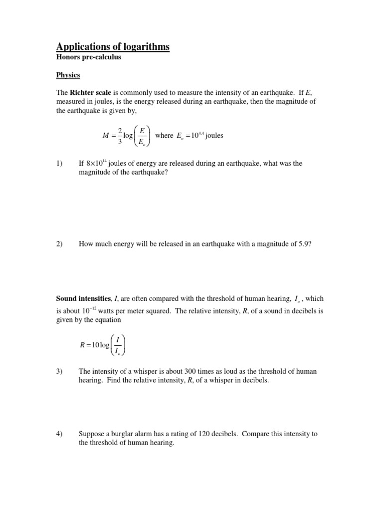Worksheet Logarithm Applications Ph Logarithm