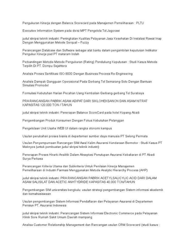 Skripsi Teknik Industri Ui Ide Judul Skripsi Universitas