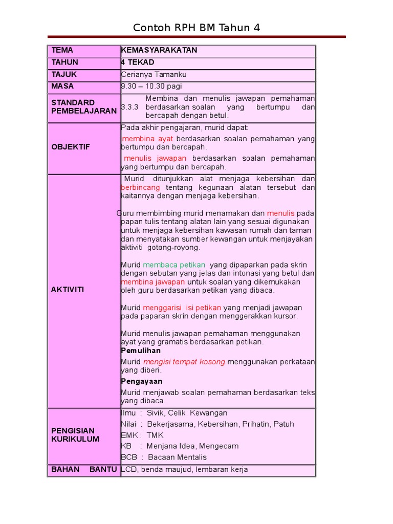 Contoh RPH BM THN 4 | PDF | Karier & Perkembangan | Seni & Disiplin Bahasa