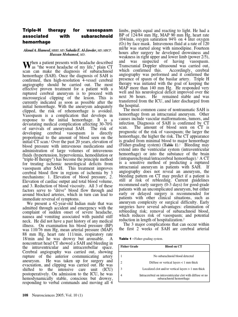 TripleH Therapy For Vasospasm Associated With Subarachnoid Hemorrhage