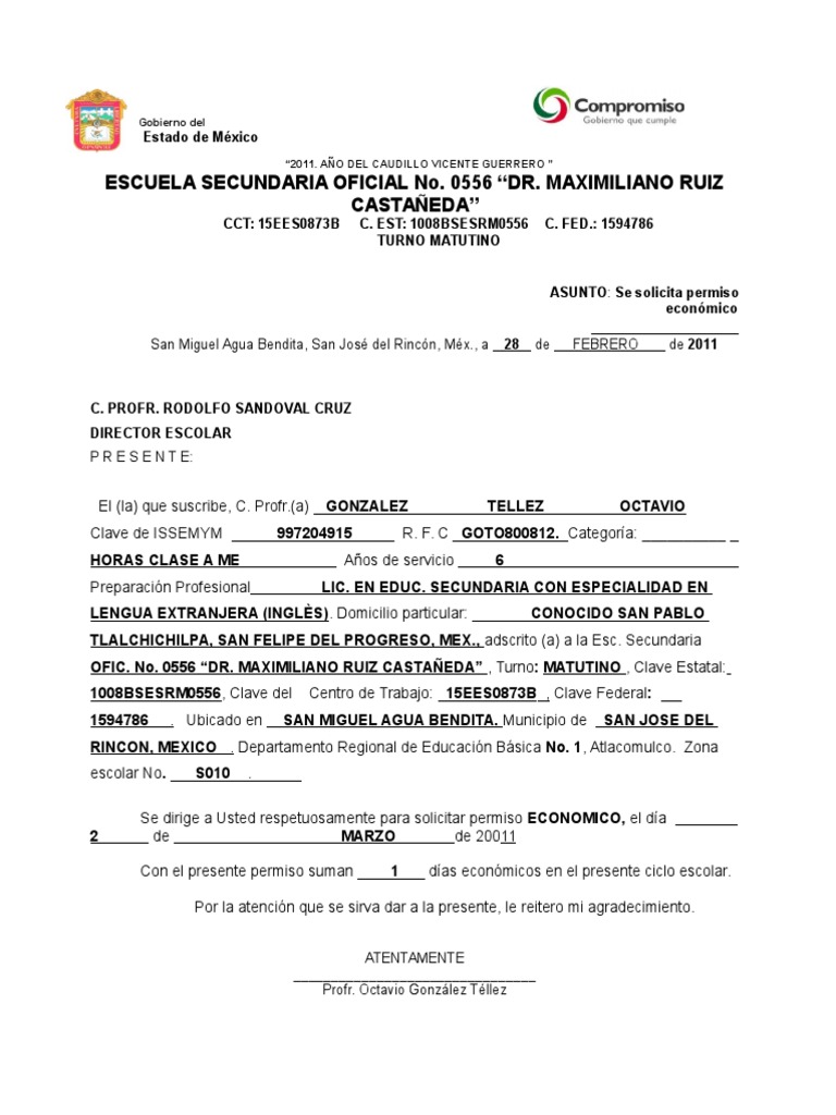 Formato de Permiso Economico  Educación Secundaria  México  Free 30