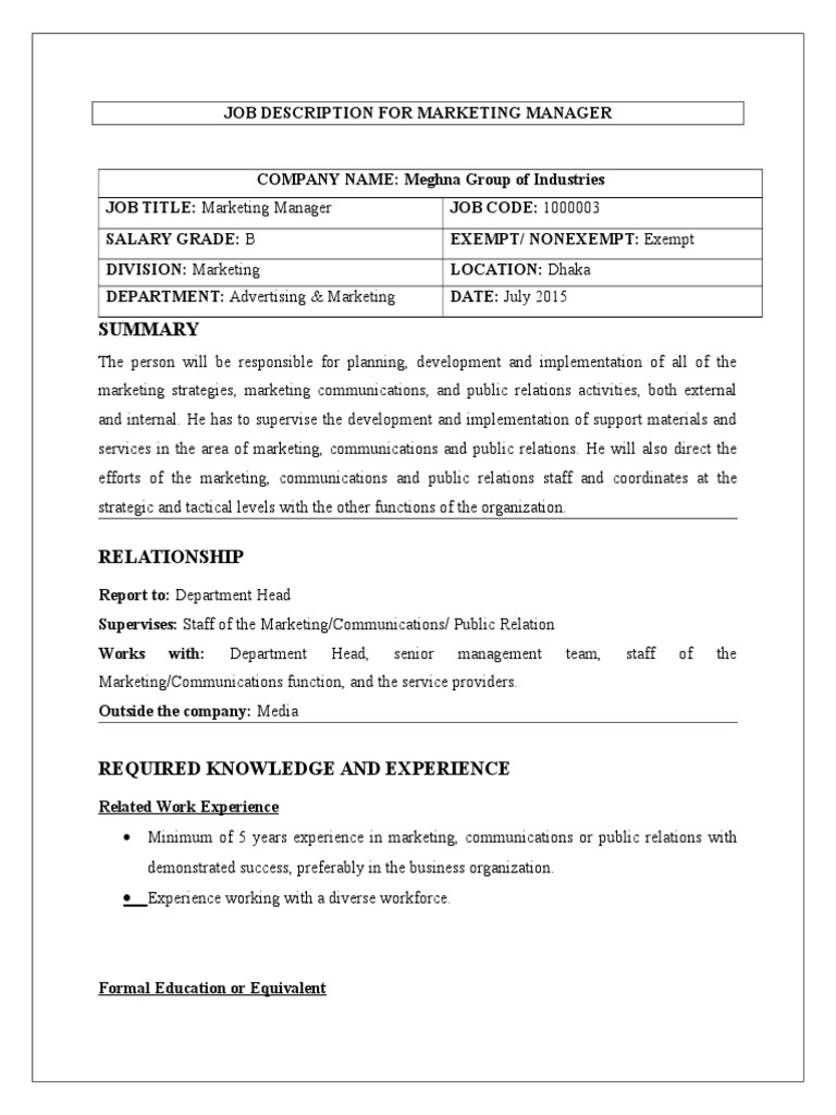 Marketing Manager Job Description | PDF | Public Relations | Marketing