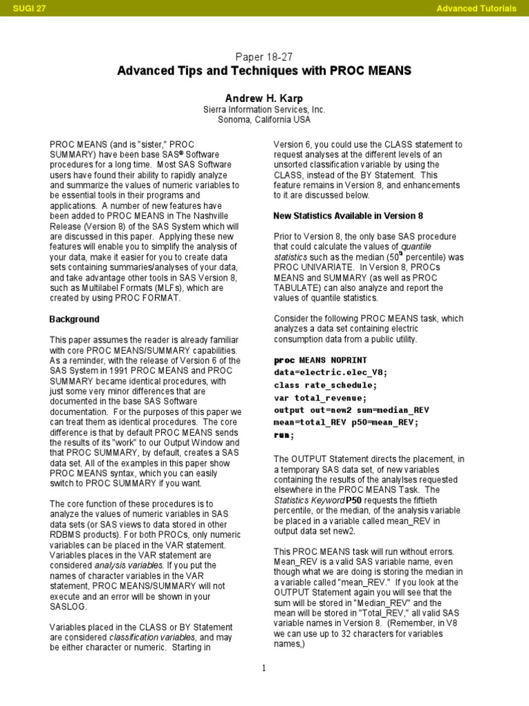 Advanced Tips and Techniques With PROC MEANS PDF | PDF | Sas (Software ...