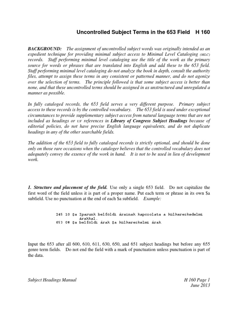 H0160 Uncontrolled Subject Terms in The 653 Field | PDF | Information ...