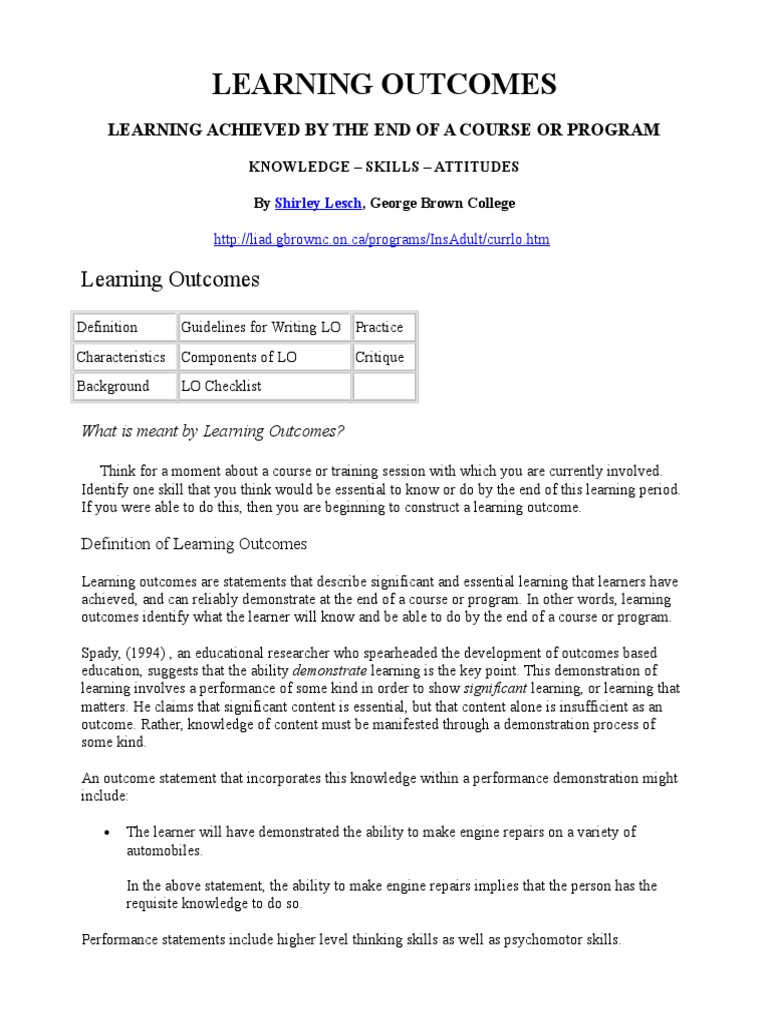 Examples of Learning Outcomes Statements | PDF | Educational Assessment ...