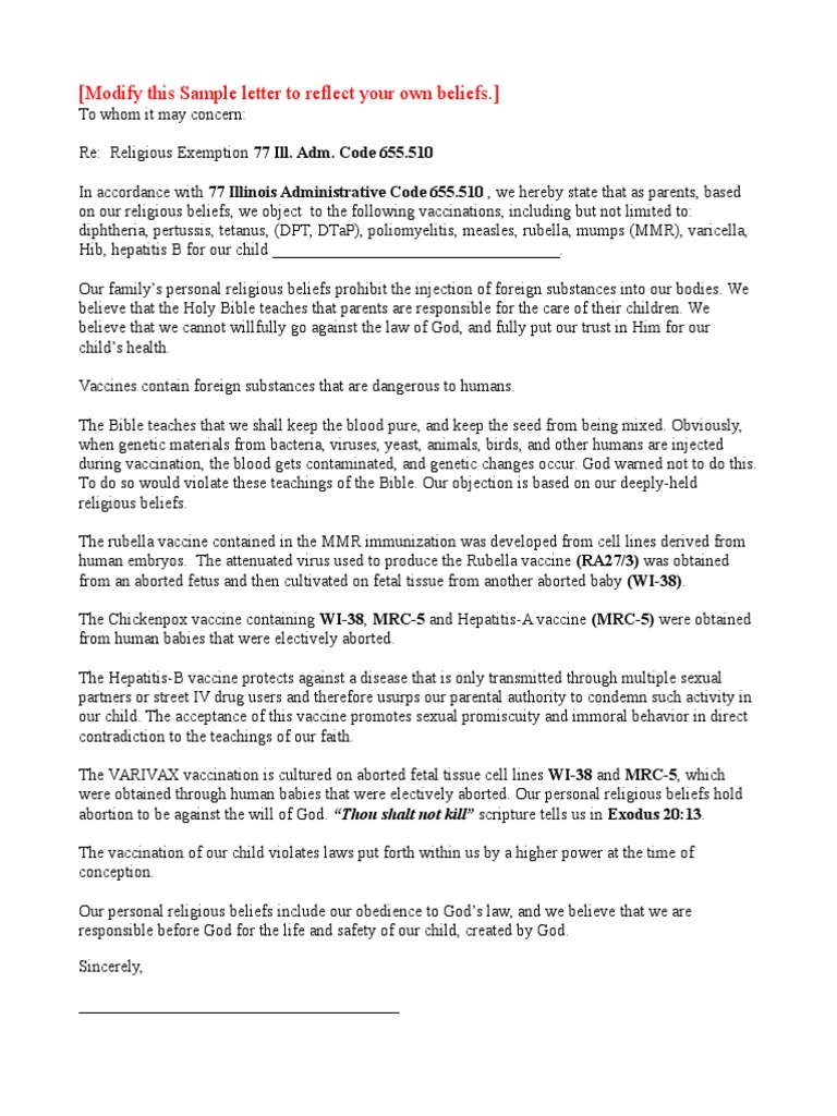 Illinois Religious Exemption Letter Pdf Vaccines Clinical Medicine