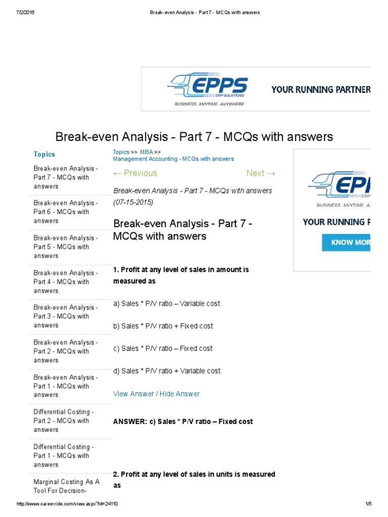 BreakEven Analysis Part 7 MCQs With Answers PDF Economies