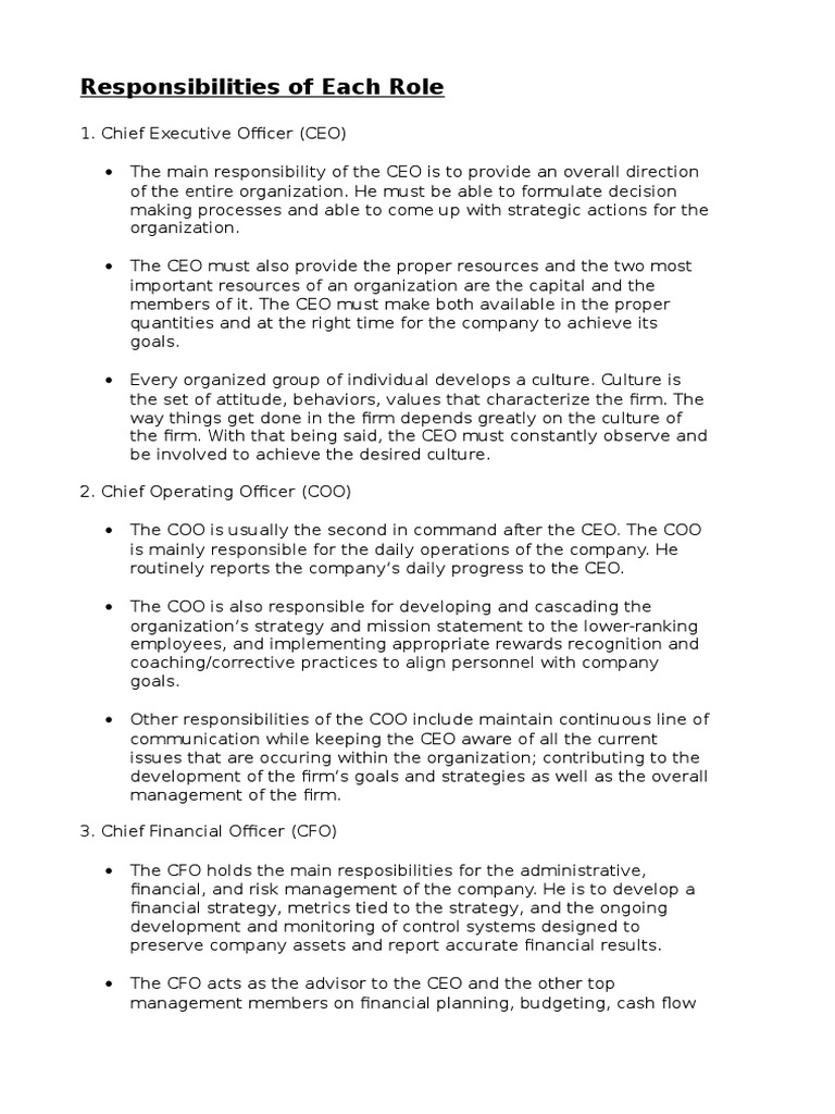 Responsibilities Of Each Role Chief Executive Officer Chief Financial Officer