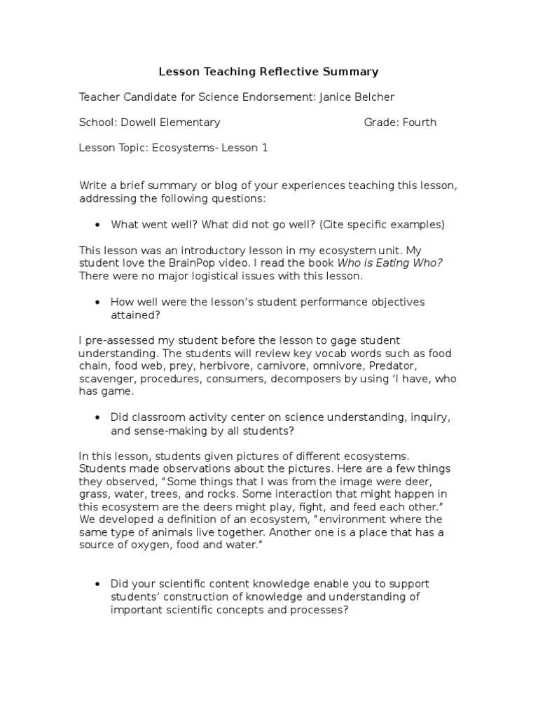 Lesson Teaching Reflective Summary | PDF | Ecosystem | Predation
