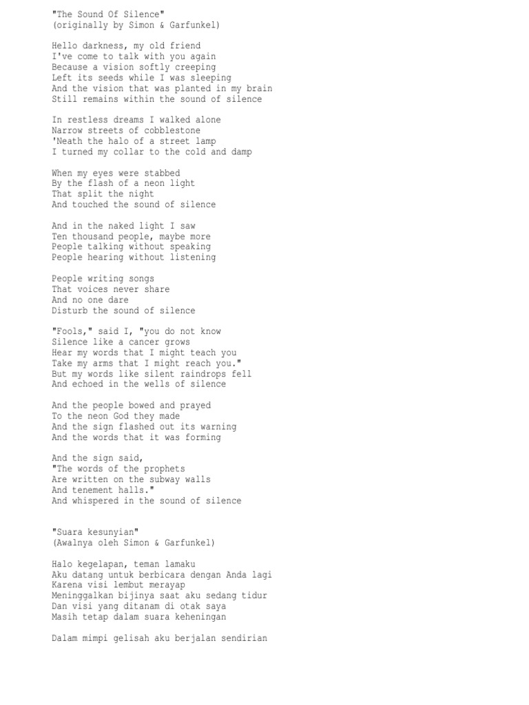 Teks Lagu The Sound Of Silence Dan Terjemahannya Lagu Ditulis Rekreasi