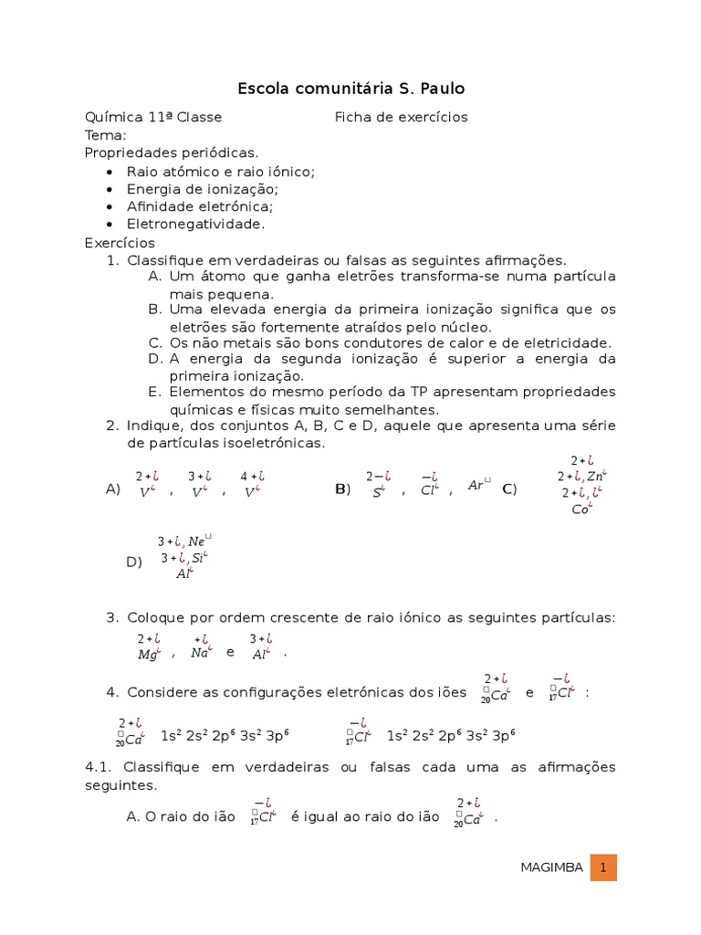 Exercícios sobre Propriedades Periódicas | PDF | Íon | Átomos