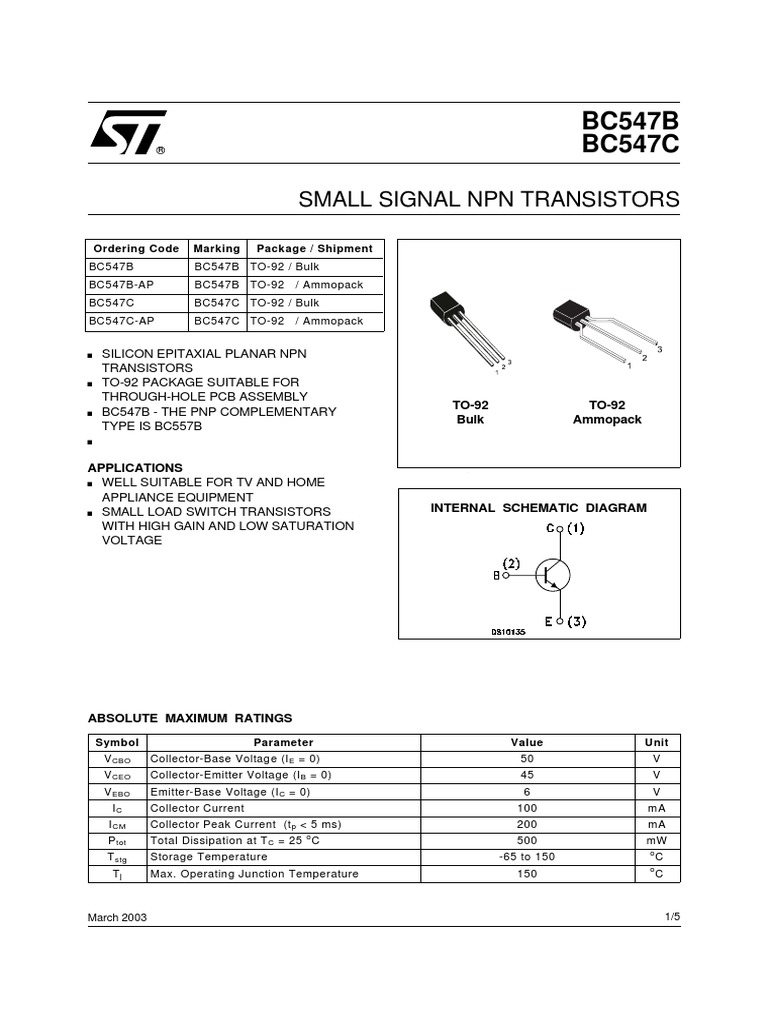 Datasheet bc547b Bipolar Junction Transistor Transistor