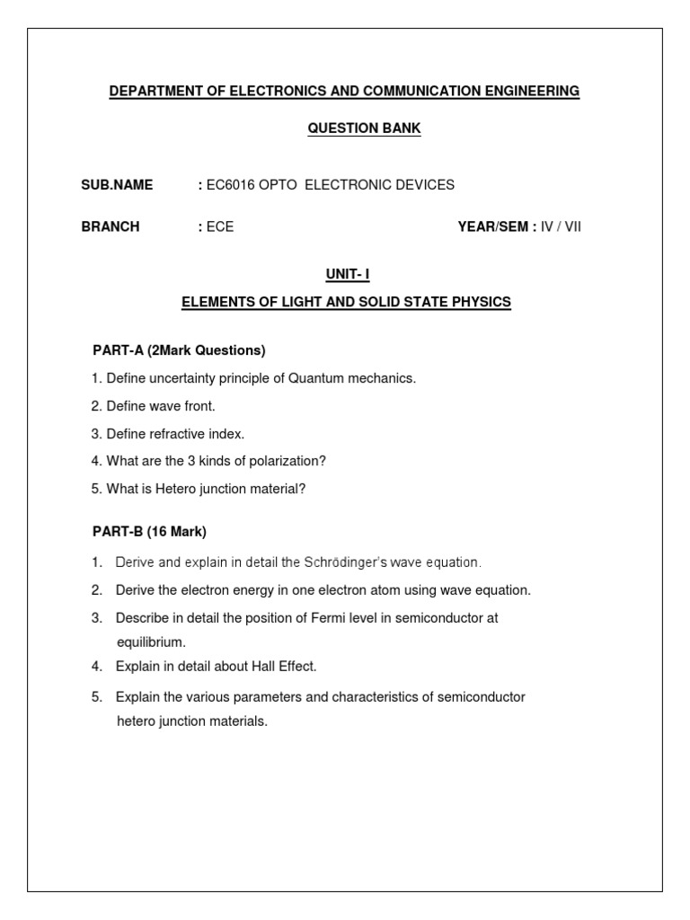 Optoelectronic Devices Question Bank PDF PDF Laser Semiconductors