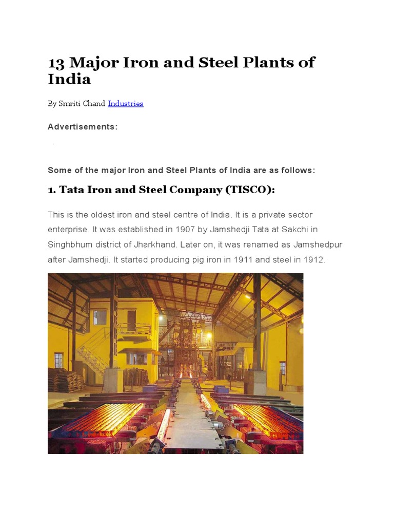 13 Major Iron and Steel Plants of India Steel Mill Steel