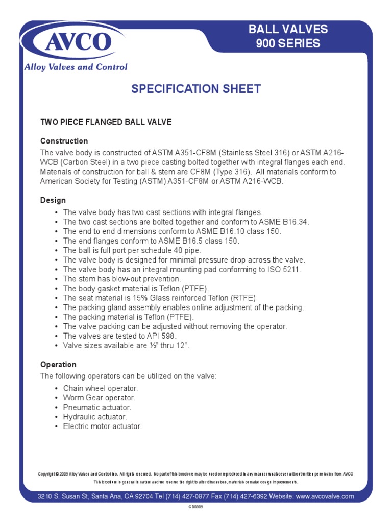 Specification Sheet: Ball Valves 900 Series