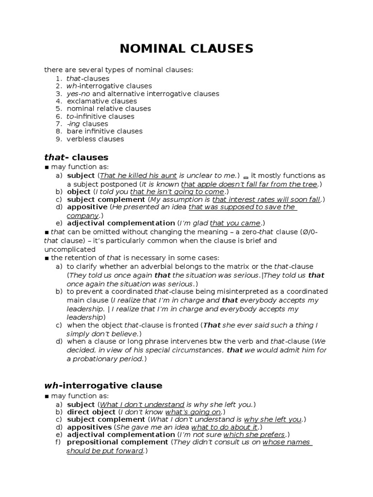 Nominal Clauses (A Summary) Clause Preposition And Postposition
