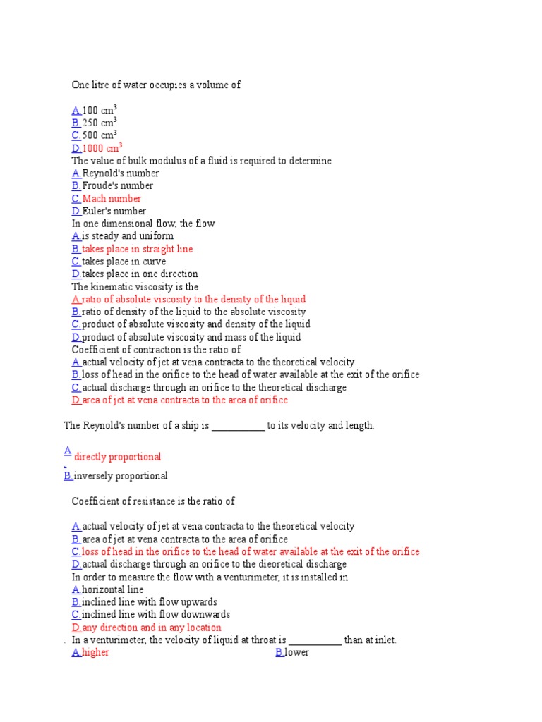 MCQ Fluid Mechanics PDF Pressure Viscosity
