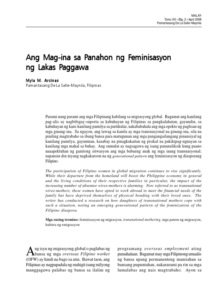 Ang Mag Ina Sa Panahon Ng Feminisasyon Ng Lakas Paggawa