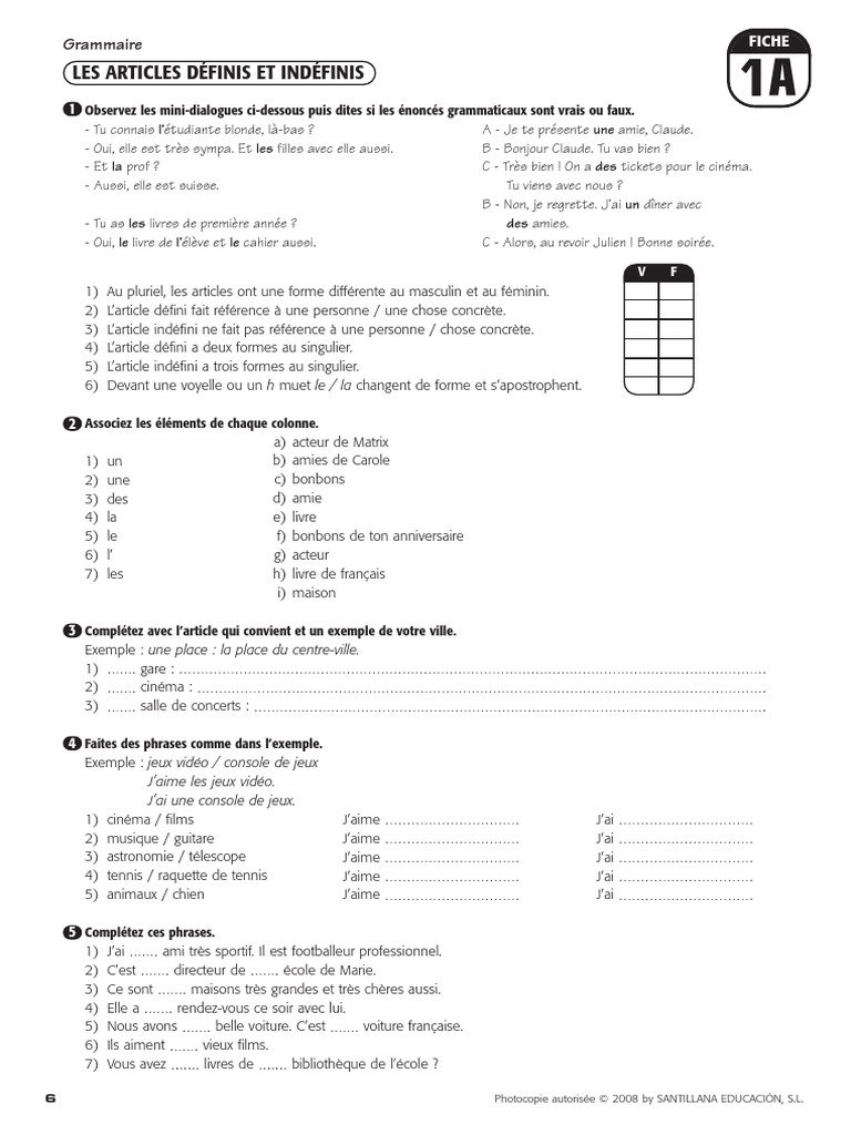 Les Articles Définis Et Indéfinis Exercices Corrigés Pdf