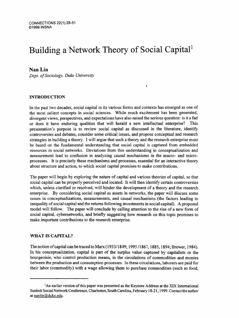 Building A Network Theory of Social Capital': Nan Lin | PDF | History