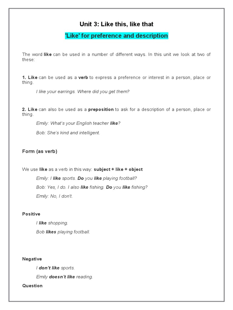 Using 'Like' for Preference & Description | PDF | Verb | Philology