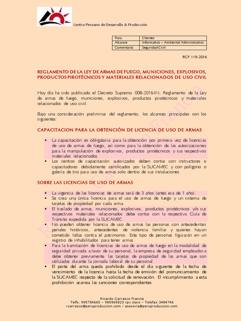 REGLAMENTO DE LA LEY DE ARMAS DE FUEGO, MUNICIONES, EXPLOSIVOS