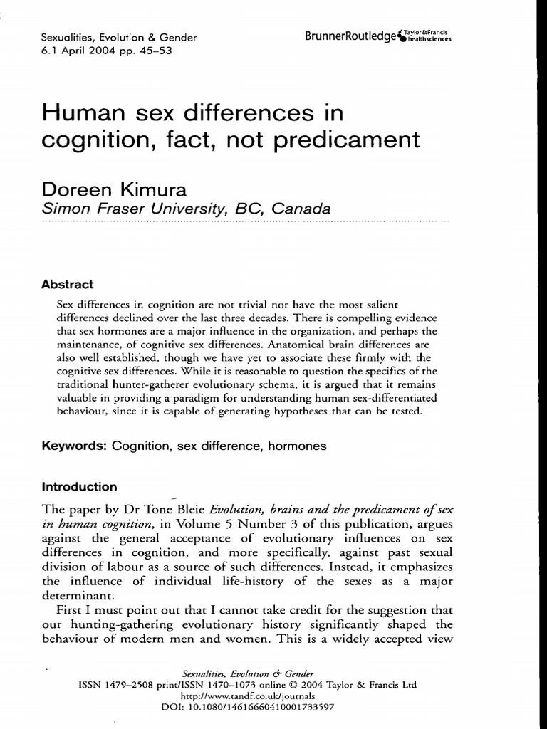 Human Sex Differences in Cognition Fact, Not Predicament. | PDF ...