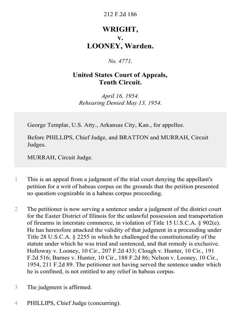 Wright v. Looney, Warden, 212 F.2d 186, 10th Cir. (1954) PDF