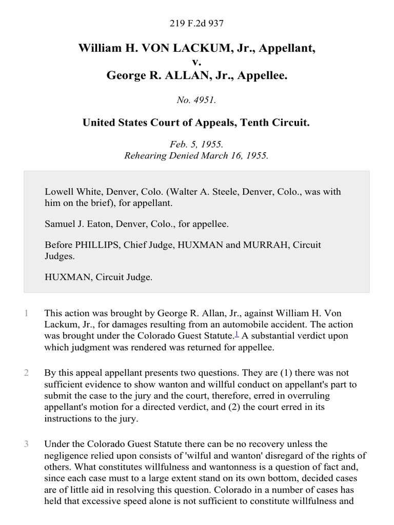 William H. Von Lackum, Jr. v. George R. Allan, JR., 219 F.2d 937, 10th ...