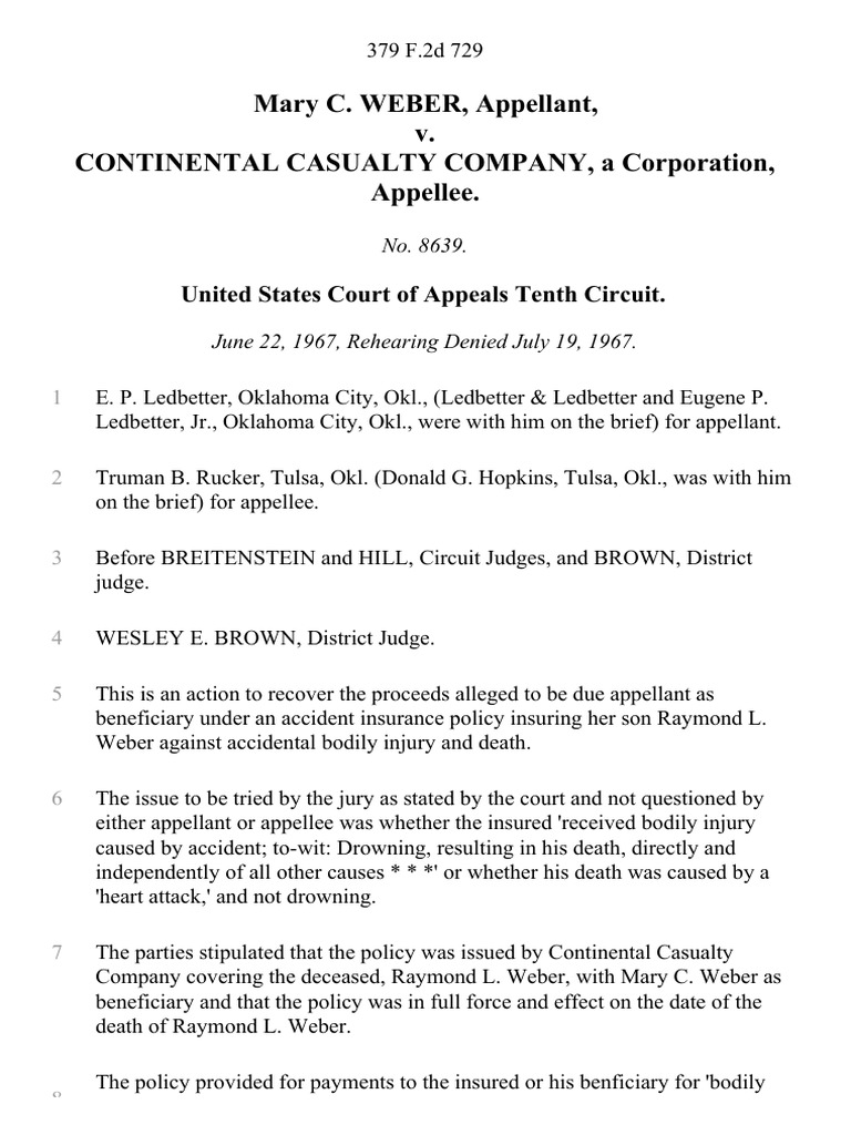 Mary C. Weber v. Continental Casualty Company, A Corporation, 379 F.2d