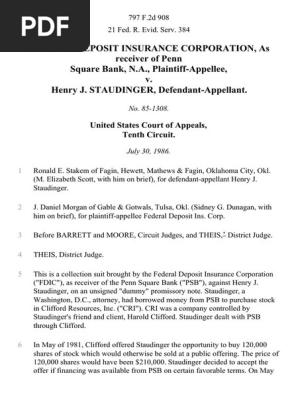 Federal Deposit Insurance Corporation, as Receiver of Penn Square Bank, N.A. v. Henry J. Staudinger, 797 F.2d 908, 10th Cir. (1986)