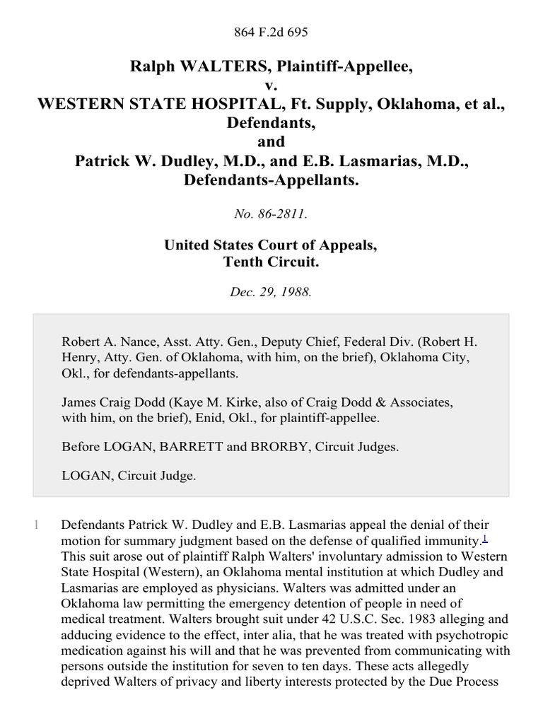 Ralph Walters v. Western State Hospital, Ft. Supply, Oklahoma, and