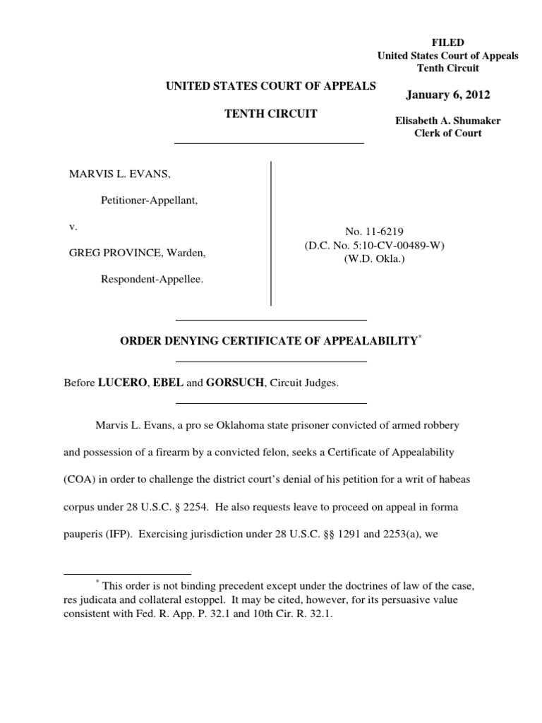 Evans v. Province, 10th Cir. (2012) | PDF | Double Jeopardy | Felony