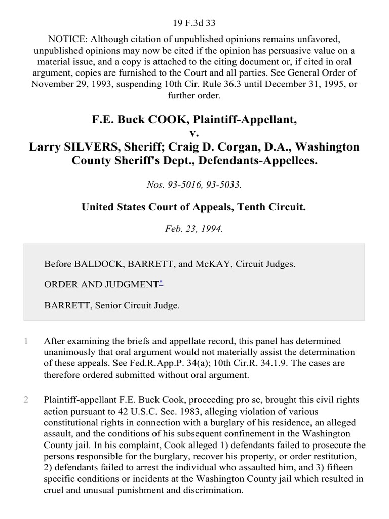 F.E. Buck Cook v. Larry Silvers, Sheriff Craig D. D.A