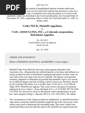 Cathy Peck Plaintiff Appellant V Vail Associates Inc A Colorado Corporation Defendant Appellee Judgment Law Precedent