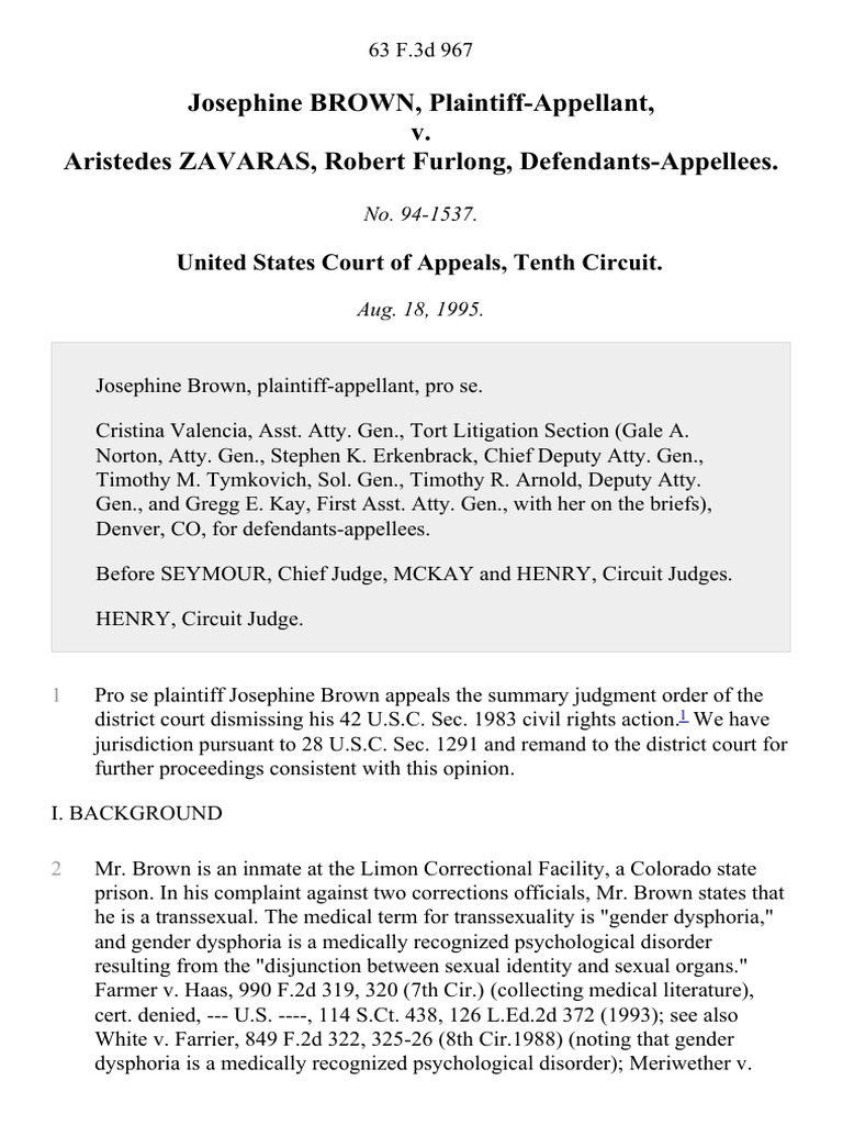 Josephine Brown v. Aristedes Zavaras, Robert Furlong, 63 F.3d 967, 10th