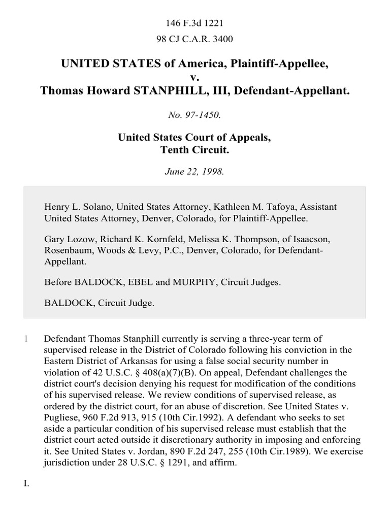 United States v. Thomas Howard Stanphill, III, 146 F.3d 1221, 10th Cir.  (1998) | PDF | United States Federal Probation And Supervised Release |  Probation
