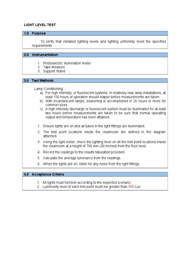 Cleanroom Lighting Level Verification | PDF