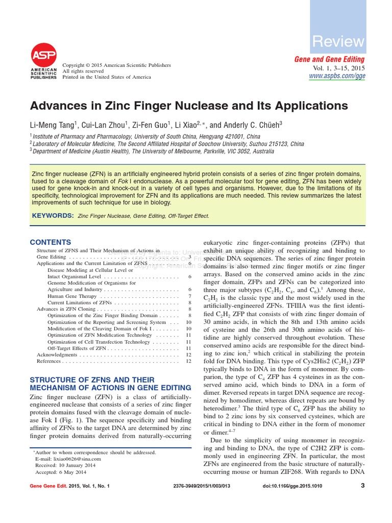 Advances in Zinc Finger Nuclease and Its Applications | PDF ...