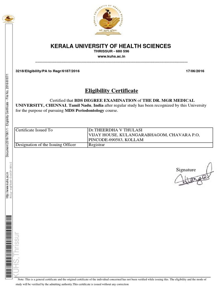 Kerala University of Health Sciences: Eligibility Certificate | PDF