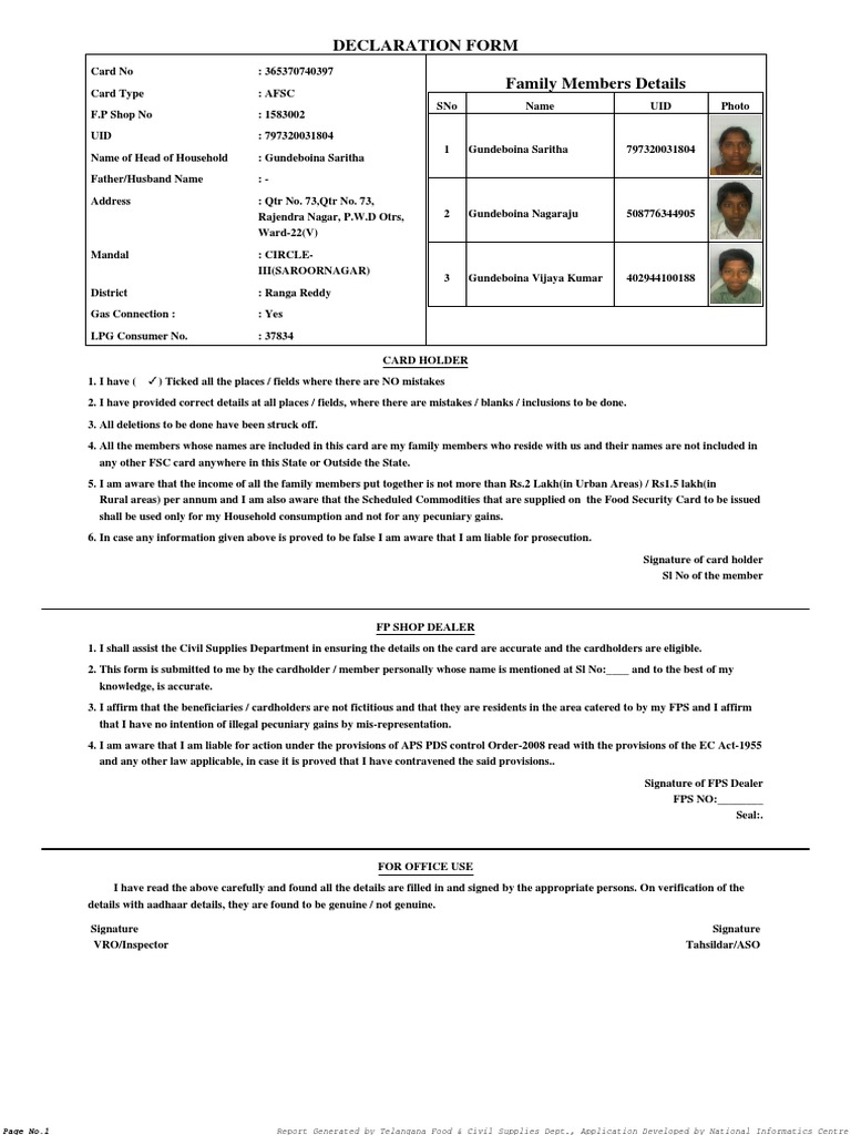Ration Card Declaration Form Details | PDF | Government Of India ...