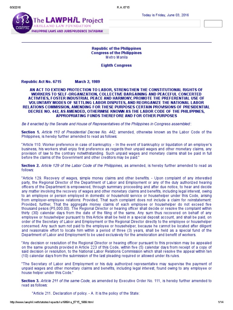 Overview of R.A. 6715: Labor Protection | PDF | Injunction | Strike Action
