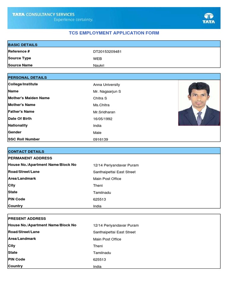 TCS Employment Application: Nagaarjun S | PDF | Government Information ...