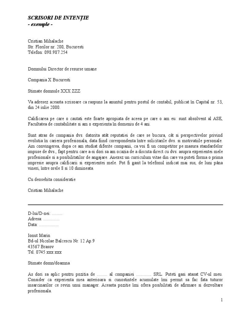 Exemple Scrisoare de Intentie