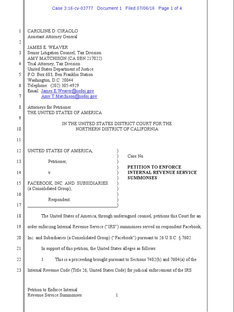 Doj Petition Pdf Summons Internal Revenue Service
